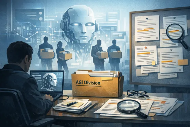AI-generated illustration of Amazon's logo combined with abstract network and data flow imagery, representing artificial general intelligence and corporate restructuring