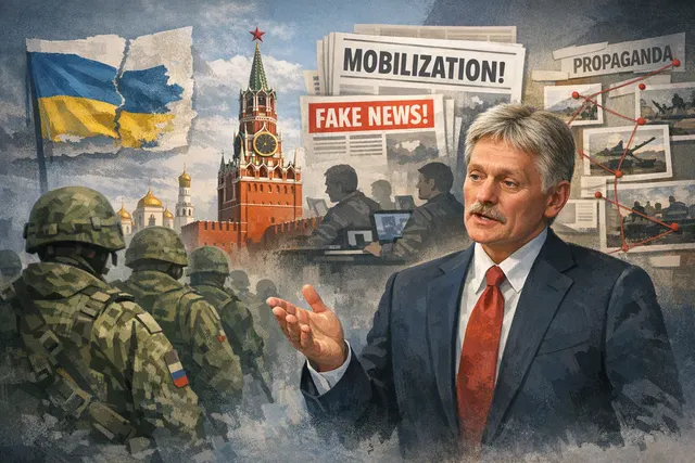 Editorial illustration of Russia mobilization rumors, with a Kremlin-style tower, military silhouettes, and competing information signals