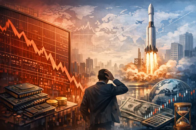 Illustration of SpaceX rocket launch causing ripples across interconnected global stock charts and semiconductor symbols