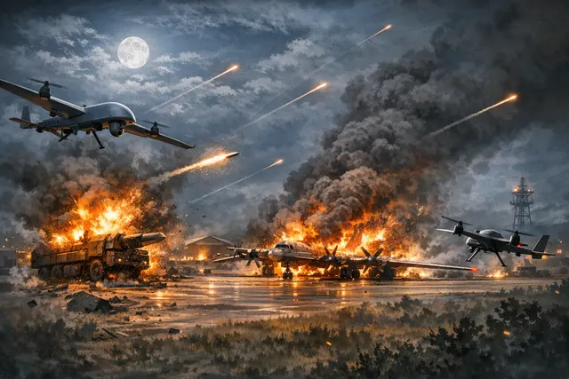 Ukrainian drones destroy two Russian Tu-142 maritime patrol aircraft and an Iskander missile launcher at Taganrog military airfield in a nighttime attack on May 30.