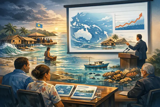 Editorial illustration of rising seawater and damaged coral reefs threatening a low-lying Pacific island
