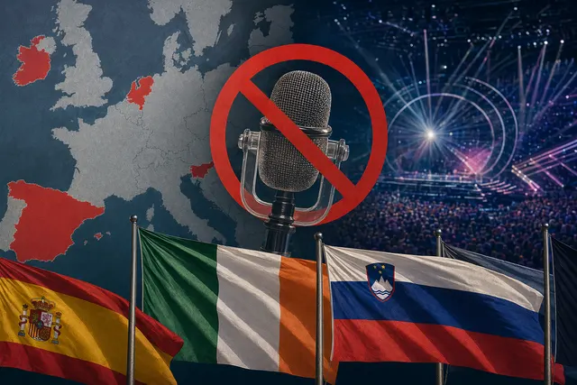 Editorial illustration of Eurovision 2026 being boycotted by Spain, Ireland and Slovenia over Israel’s participation