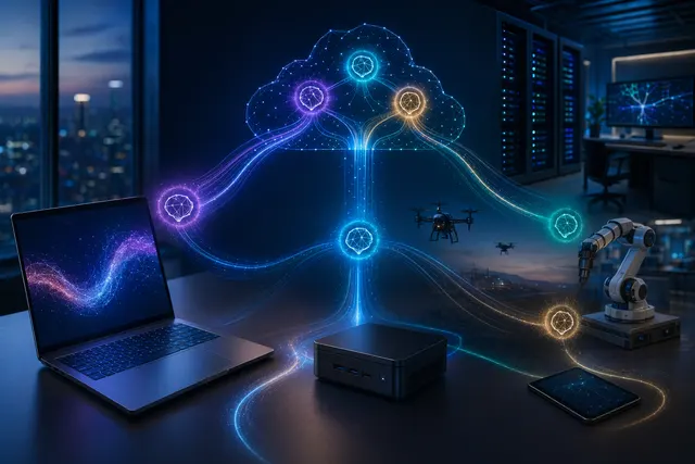 Concept illustration of hybrid AI agents running across a local AI PC and cloud infrastructure