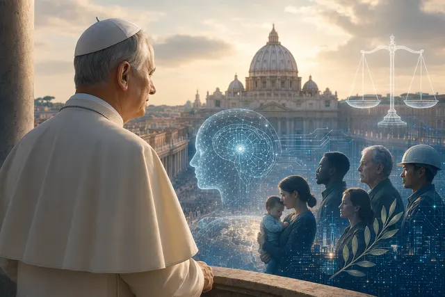 Editorial illustration of Pope Leo XIV and artificial intelligence themes representing the Vatican’s ethical debate over AI
