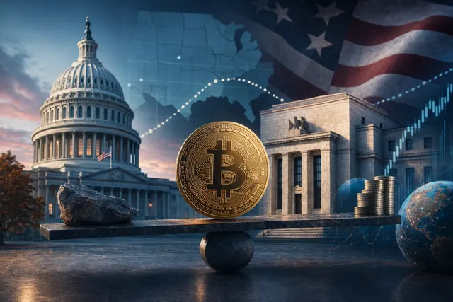 Editorial illustration representing Bitcoin price volatility around U.S. midterm elections and a Federal Reserve meeting