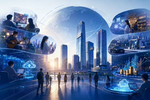 Illustration representing Tencent’s digital ecosystem including social platforms, gaming, fintech, cloud and AI