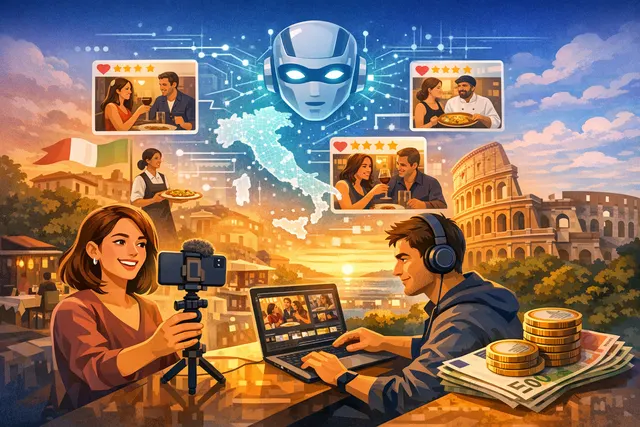 Illustration for Bestie Bite, an Italian AI-powered hospitality video review platform, showing a smartphone interface with video content and a restaurant scene.