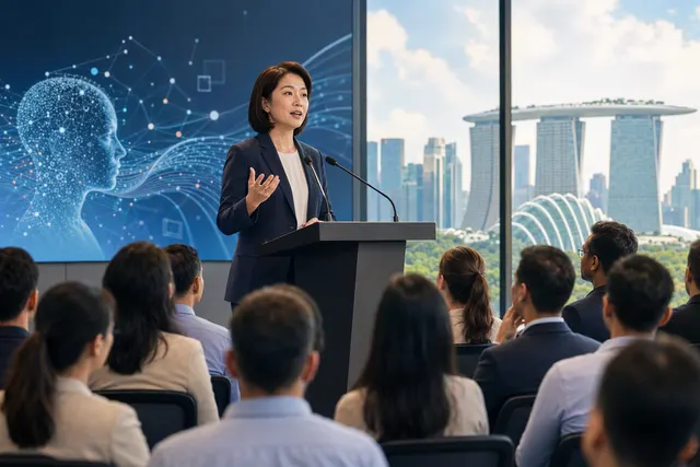 AI-generated editorial illustration accompanying a report on AI adoption and workers in Singapore