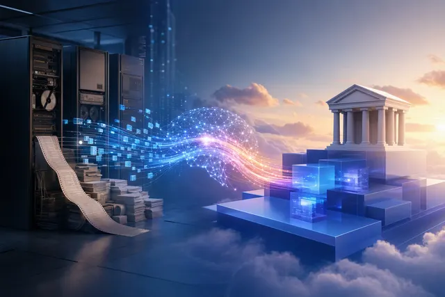 Illustration of AI-assisted modernization connecting legacy bank mainframe systems to cloud-based banking software