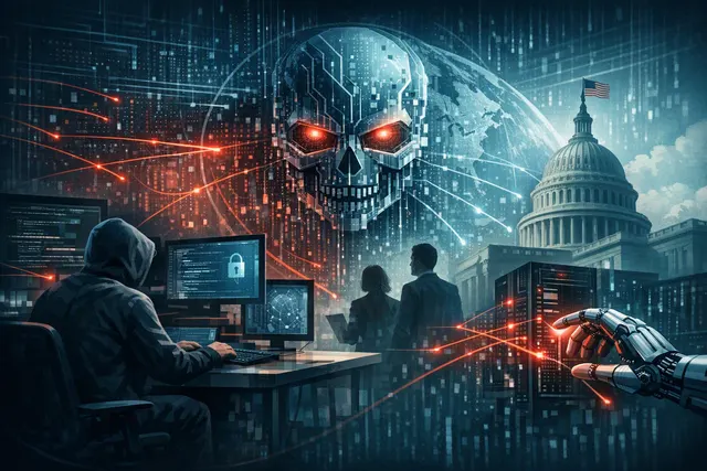 Abstract editorial illustration of an AI system connected to cybersecurity networks and digital threat signals