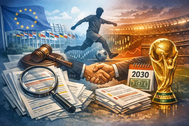 Council of Europe building in Strasbourg with FIFA and ADI Predictstreet logos in the foreground, representing the regulatory clash over prediction market partnerships.