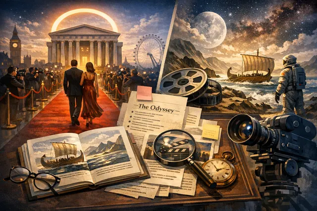 AI-generated editorial hero image showing a cinematic scene from The Odyssey premiere