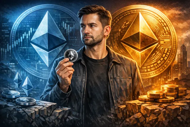 Illustration of David Hoffman, Bankless co-founder, looking at a split Ethereum logo and US dollar symbol, representing his pivot from ETH.