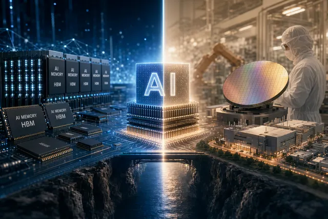 AI 記憶體晶片與晶圓示意，象徵三星 DS 與台積電晶圓代工的 Q1 2026 比較