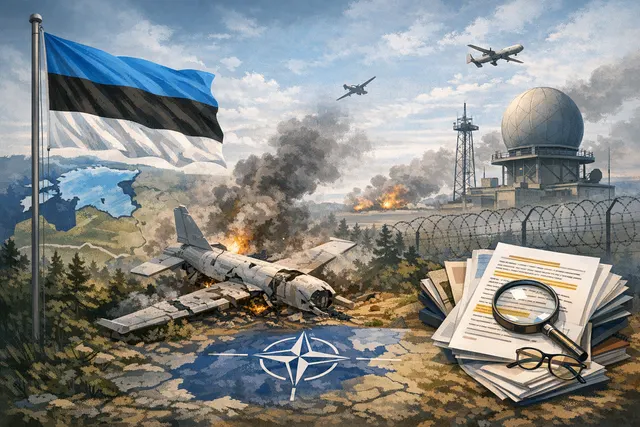 AI-generated illustration of a drone flying over a Baltic landscape, representing Ukrainian drone incursions into NATO territory near Estonia.