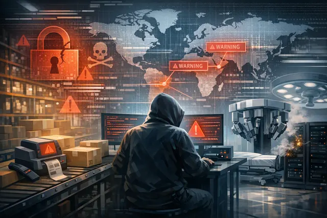 Illustration of a global medical-device company facing a cybersecurity network outage