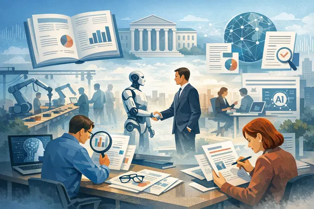 AI and the future of work: a human silhouette stands in front of a glowing, abstract digital network representing artificial intelligence, with data streams and interconnected node