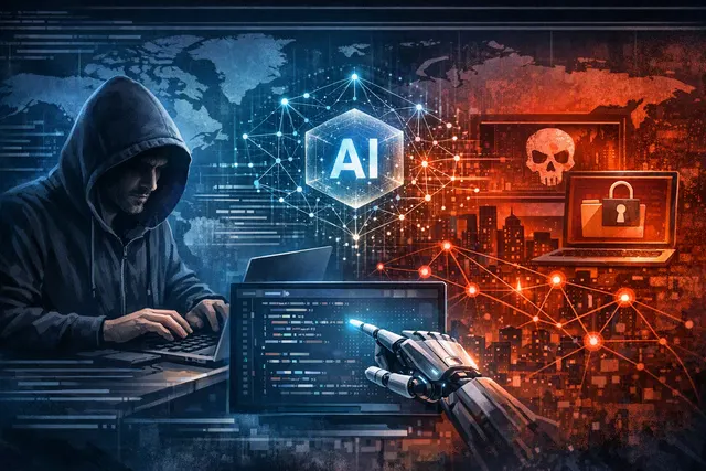 Editorial illustration of an AI coding agent connected to a cyberattack network