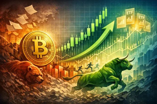 Editorial illustration of Bitcoin and Ethereum rising during a volatile crypto-market rebound