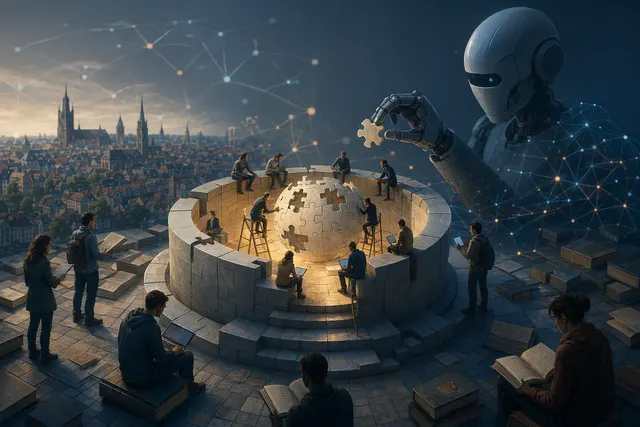 Editorial illustration representing AI agents communicating through a wiki-style webpage