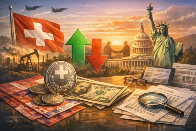 Swiss franc and US dollar banknotes on a financial chart background, representing USD/CHF exchange rate movements.
