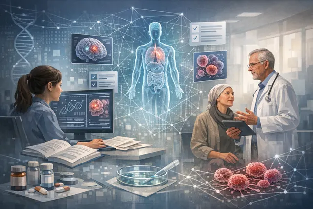 AI-generated conceptual illustration of COMPASS AI model analyzing tumor data for immunotherapy response prediction