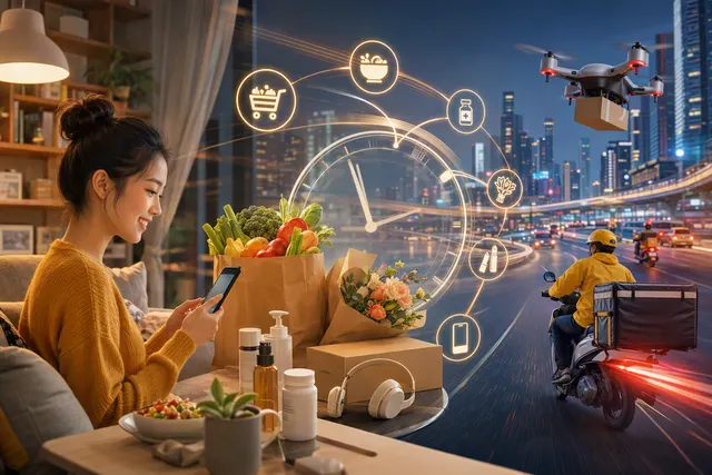 Editorial illustration of China’s instant retail and rapid delivery competition