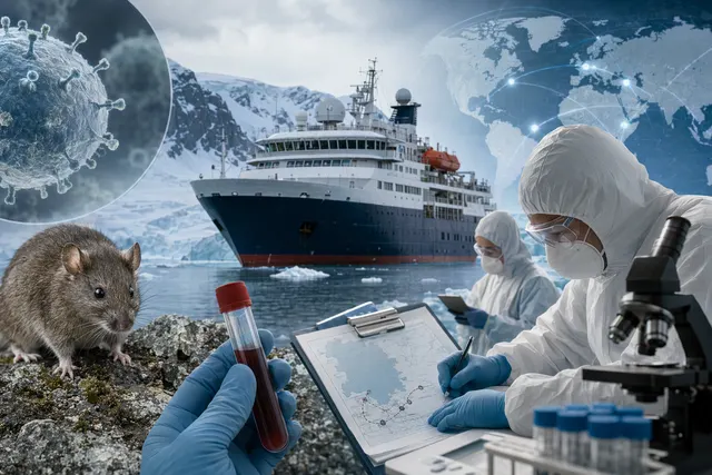 Editorial illustration of the MV Hondius cruise ship during a hantavirus public-health response