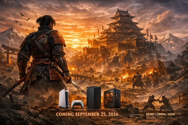 Onimusha: Way of the Sword key art featuring Miyamoto Musashi wielding the Oni Gauntlet in a dark, foggy Edo-period Kyoto street