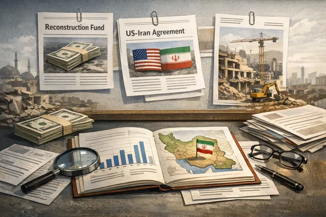 Conceptual image representing the $300 billion reconstruction fund in the US-Iran ceasefire agreement