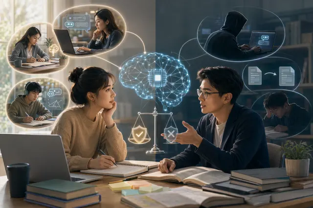 學生與老師在課堂中使用 AI 工具並思考學術誠信界線的示意圖