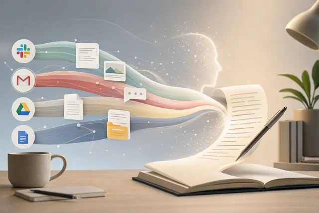 Editorial illustration of ChatGPT Writing Style using connected workplace apps to match a user’s writing voice