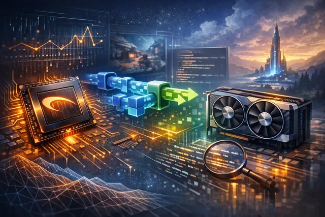 Editorial illustration of DXVK 3.1 translating Direct3D graphics through Vulkan for Linux gaming