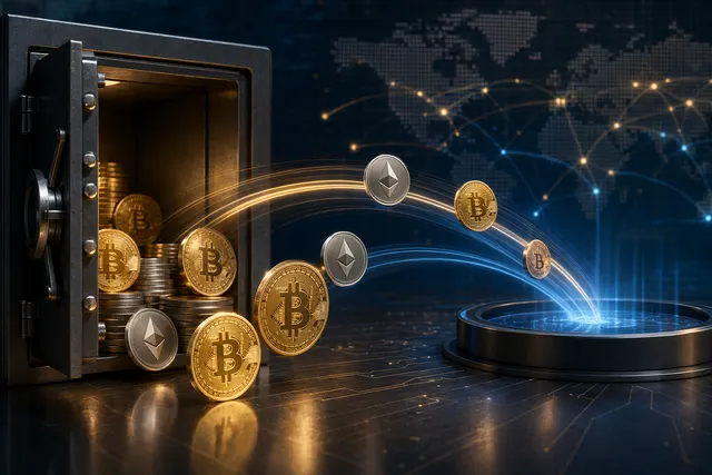 Illustration representing large institutional Bitcoin and Ethereum transfers to Coinbase Prime linked to BlackRock ETFs