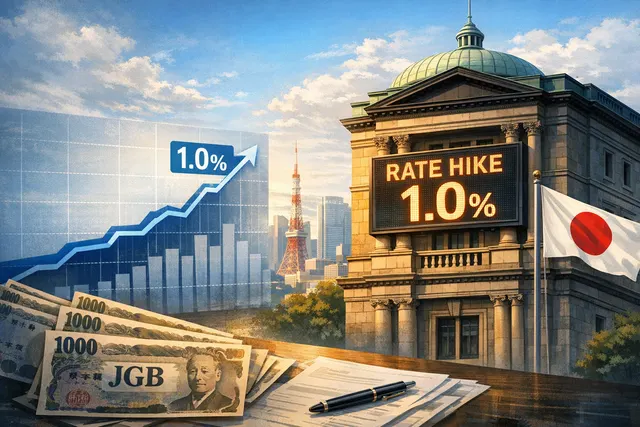 Infographic illustrating the Bank of Japan's dual policy actions at the June 2026 meeting: a rate hike to 1.0% and a pause in bond tapering.