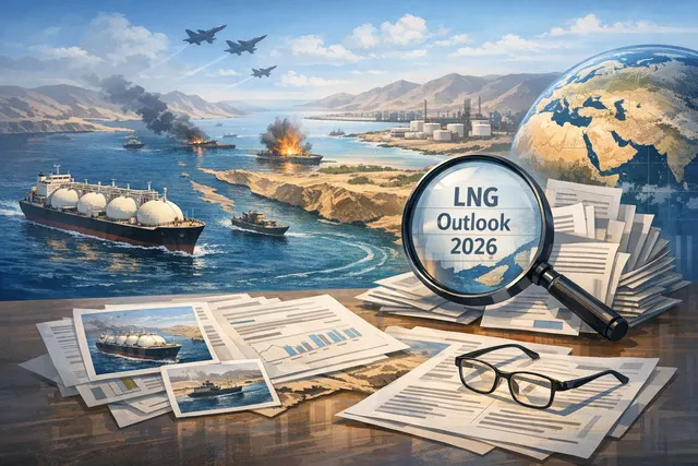 An LNG tanker at sea under a dramatic sky, representing the disruption of global liquefied natural gas trade through the Strait of Hormuz illustrated by Shell's 2026 LNG Outlook.