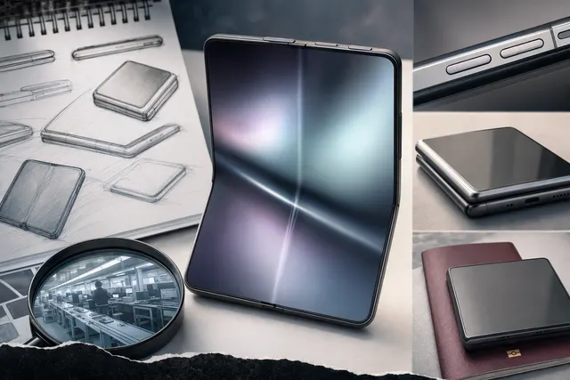Editorial illustration of a book-style foldable smartphone with a visible central crease
