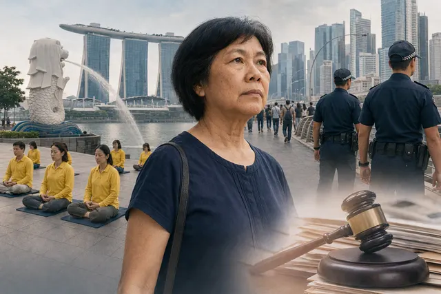 AI-generated editorial illustration accompanying coverage of Singapore public assembly charges