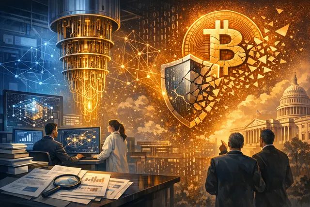 Editorial illustration representing the quantum computing threat to Bitcoin, with a glowing network of blockchain nodes and a quantum computer chip.