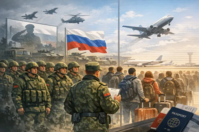 Editorial illustration of Russian mobilization fears, military recruitment and people crossing a border