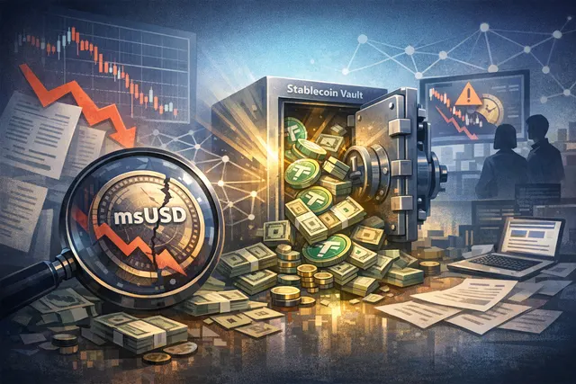 Abstract visualization of DeFi contagion spreading from a collapsing stablecoin to an unrelated yield vault through a shared verification provider