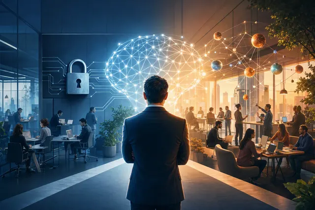 Editorial illustration representing companies shifting employee workflows from Claude to in-house AI tools