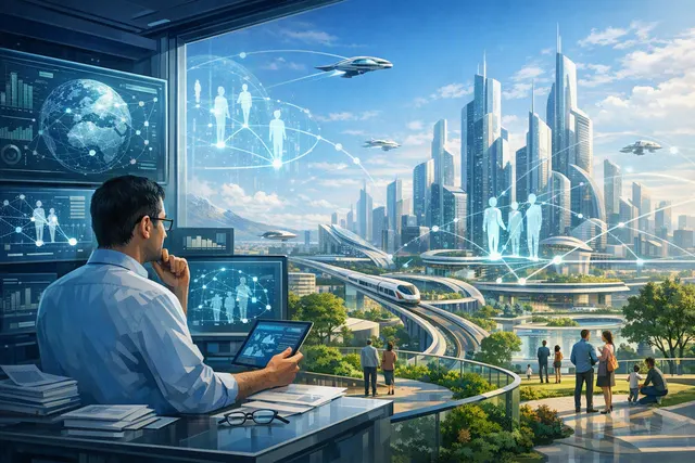 A conceptual illustration of a futuristic dense urban skyline, representing the gigacities of tomorrow as discussed by Albert Bakhtizin.