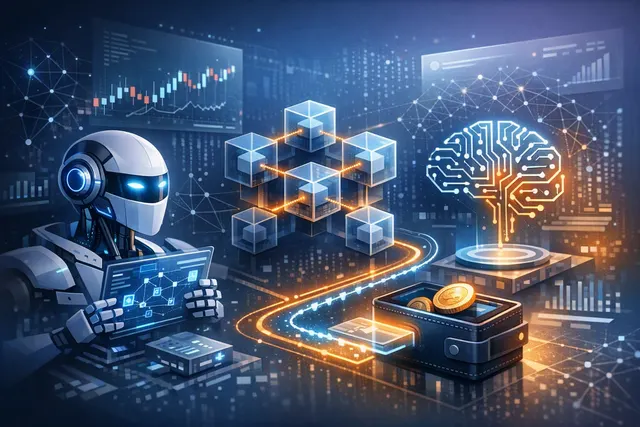 Illustration of an AI agent connecting to a blockchain data network with a USDC payment icon, representing Glassnode's x402 integration for autonomous on-chain data purchasing.