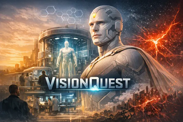 AI-generated editorial illustration for an article about Marvel’s VisionQuest and its Disney+ chart rankings; not a series still.