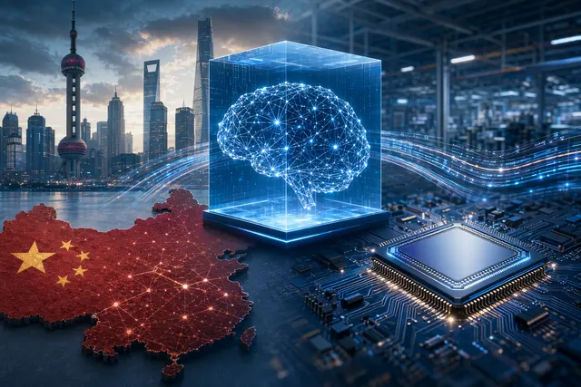 AI-generated editorial illustration of DeepSeek linking AI models, semiconductor funding and China’s tech platforms