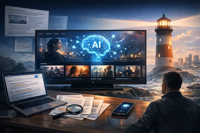 Conceptual digital illustration of the Amazon Prime Video interface redesigned with AI features, featuring a glowing lighthouse symbol and AI-powered content recommendations.