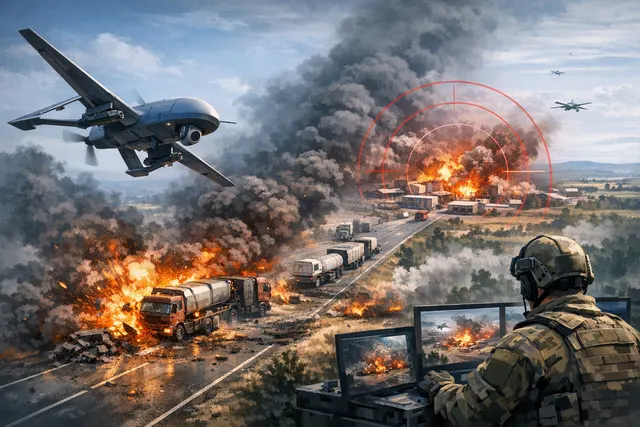 A drone over a highway map representing Ukraine's logistical lockdown campaign against Russian supply lines.
