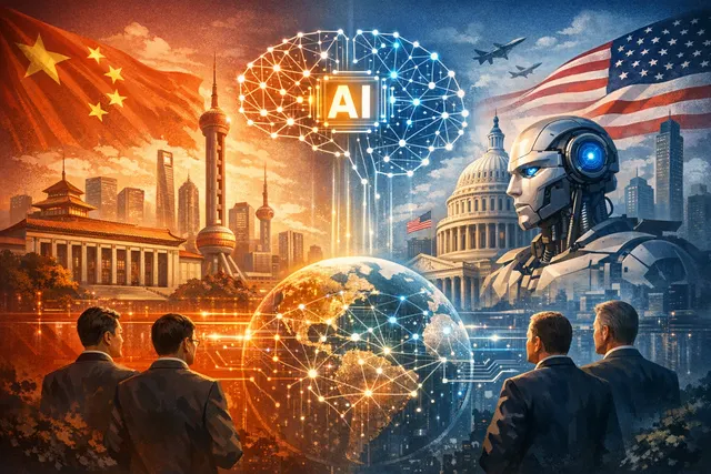 Split illustration contrasting China's global AI cooperation vision with America's competitive AI race doctrine