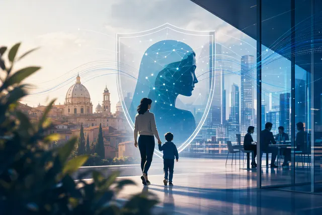 Editorial illustration representing Mama Insurance’s AI-native digital insurance platform and funding expansion